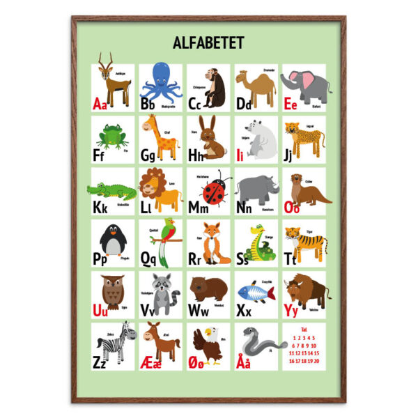 Alfabet plakat - Grøn med dyr, flere størrelser