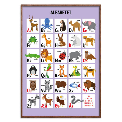 ABC med dyr 50 x 70 lilla mørk Alfabet plakat - Lilla med dyr, flere størrelser