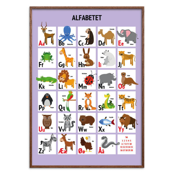 Alfabet plakat - Lilla med dyr, flere størrelser