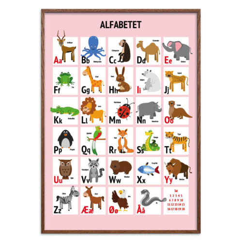 ABC med dyr 50 x 70 lyserød mørk Alfabet plakat - Lyserød med dyr, flere størrelser