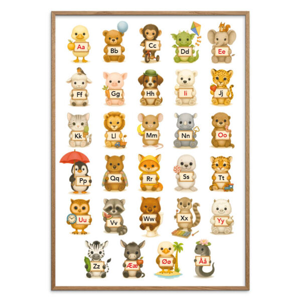 Alfabet plakat - Dyr med bogstav skilte, flere størrelser