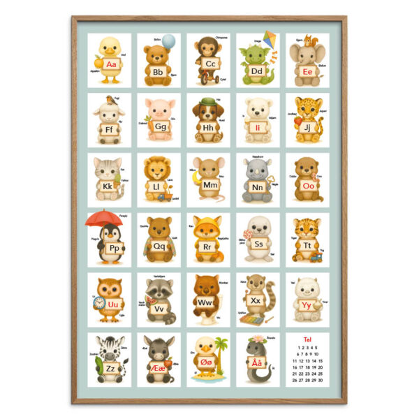 Alfabet plakat - Dyr med bogstav skilte - Blå/Grøn, flere størrelser