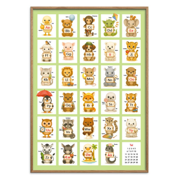 ABC skilte baggrund grøn natur Alfabet plakat - Dyr med bogstav skilte - Grøn, flere størrelser