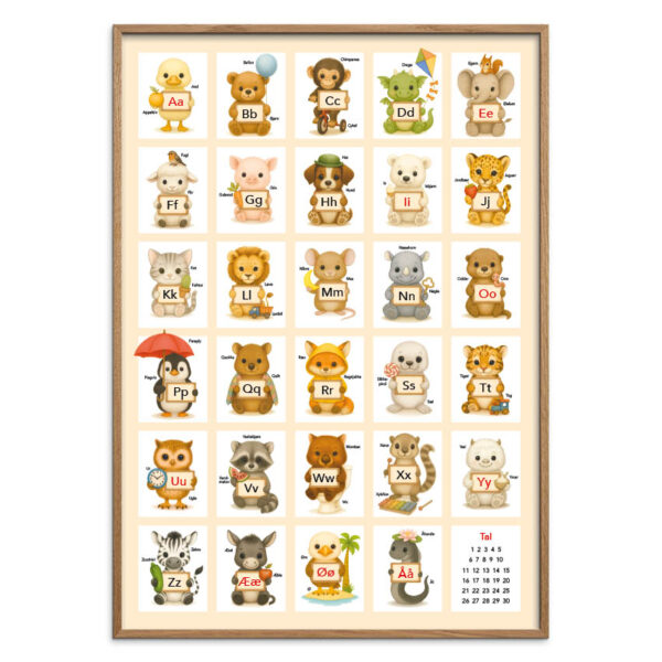 Alfabet plakat - Dyr med bogstav skilte - Gul, flere størrelser