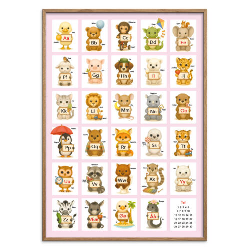 ABC skilte baggrund lyserød natur Alfabet plakat - Dyr med bogstav skilte - Lyserød, flere størrelser